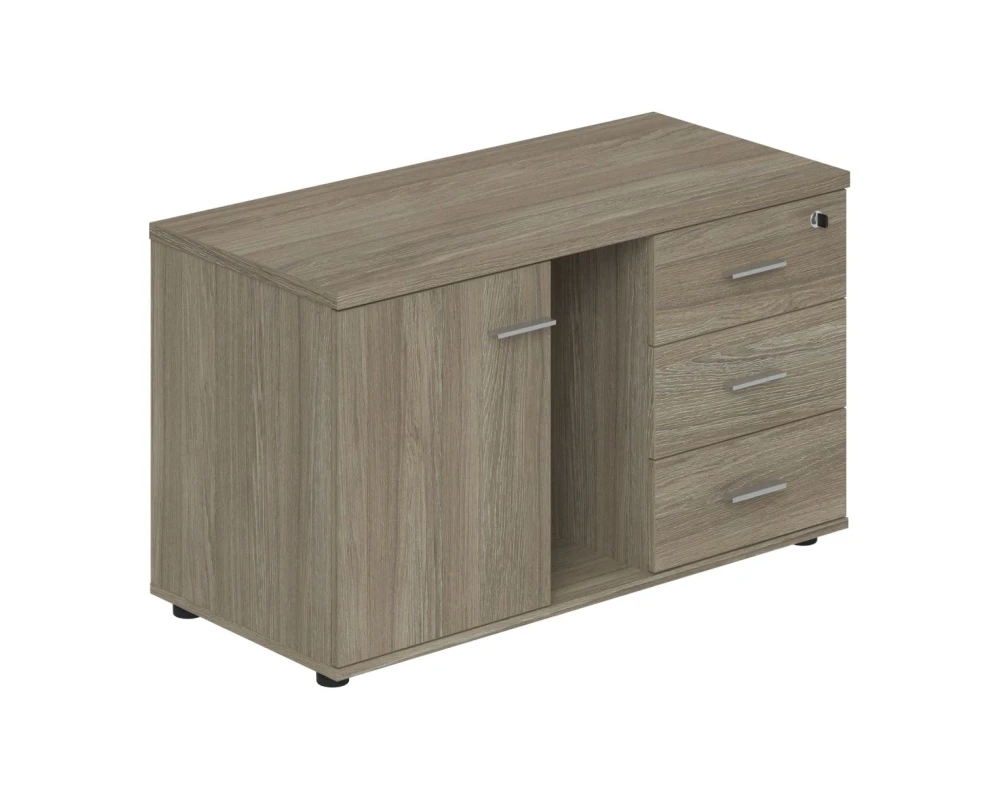 Тумба опорная (мобильная) с 3-мя ящиками + замок, распашным фасадом и нишей, правая Винг / Wing Дуб темный